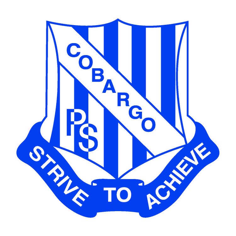 Logo for Cobargo public school including a blue and white striped shield with a banner containing the lettering COBARGO diagonally across it. A blue stylised ribbon sits underneath the shield containing the lettering STRIVE TO ACHIEVE.