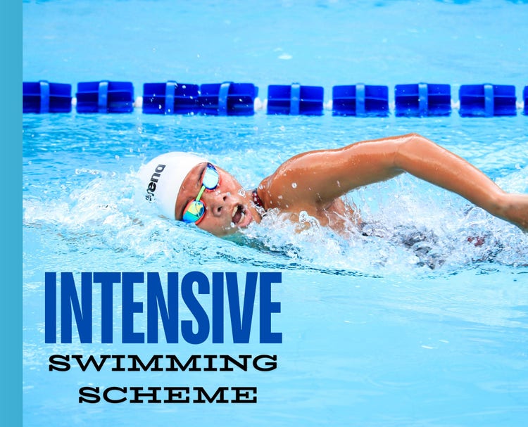 Male swimmer in pool lane taking a breath whilst swimming freestyle. Lettering: INTENSIVE SWIMMING SCHEME.