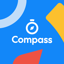 Blue background with colourful shapes surrounding a compass icon logo and the lettering: COMPASS.